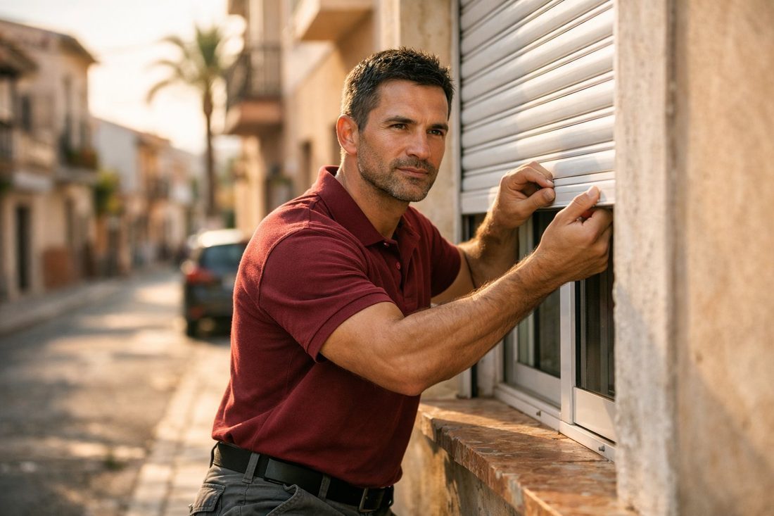 Persianista ajustando una persiana enrollable en una calle de Rubí