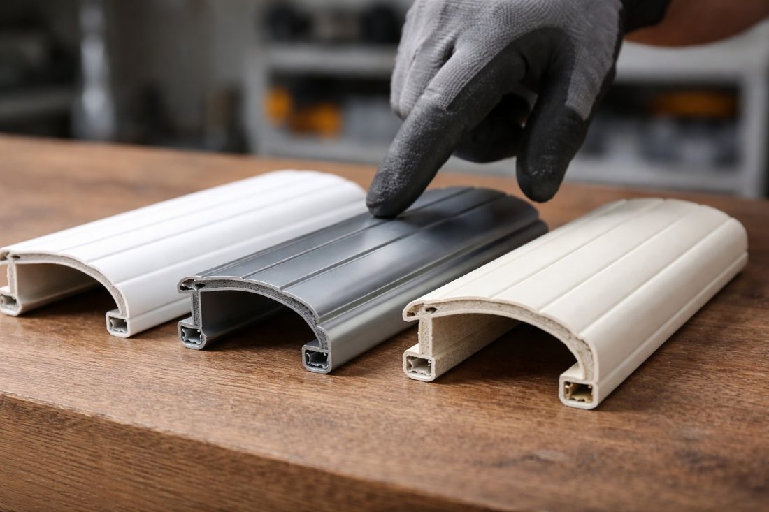 Tres muestras de lamas de persiana: PVC, aluminio y aluminio inyectado