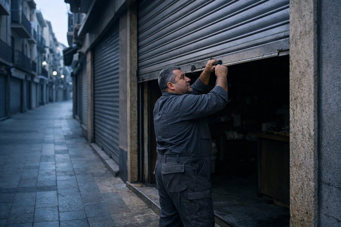 Técnico operando la cadena de una persiana metálica comercial a primera hora