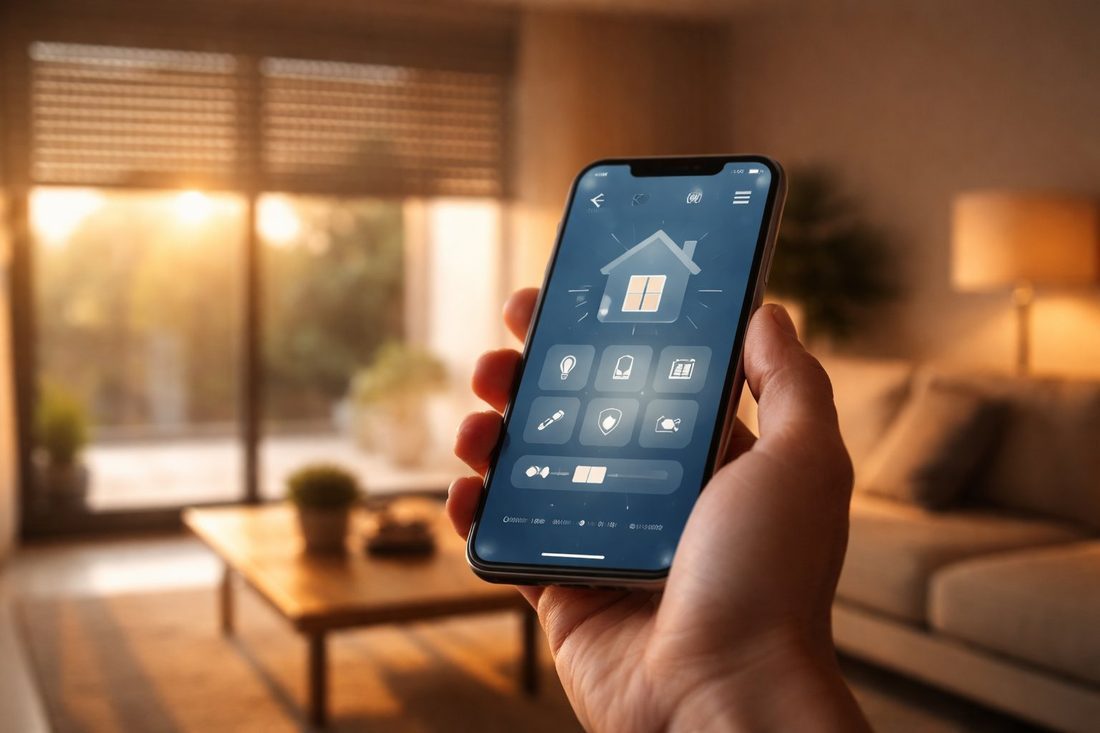 Smartphone con app de control domótico y persiana bajando al fondo