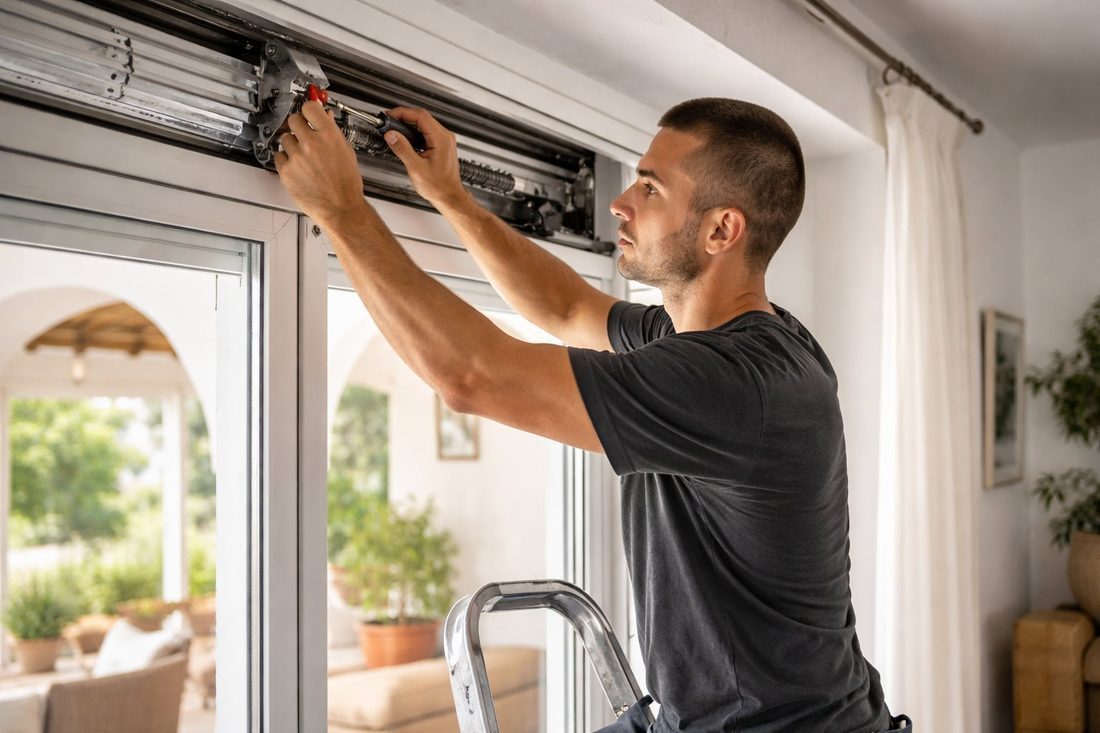 Técnico reparando el mecanismo interior de una persiana enrollable