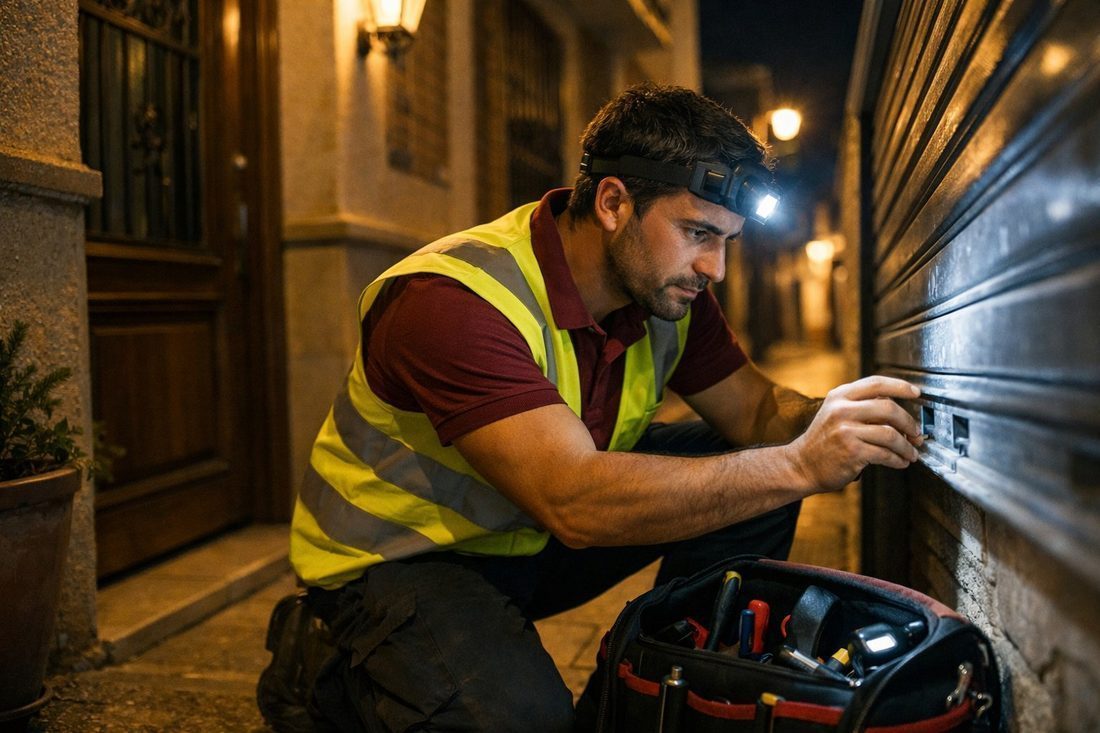 Reparación urgente de persiana metálica en calle de Rubí de noche
